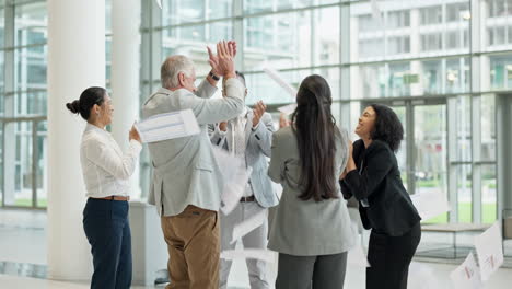 celebrate, success and business people throwing