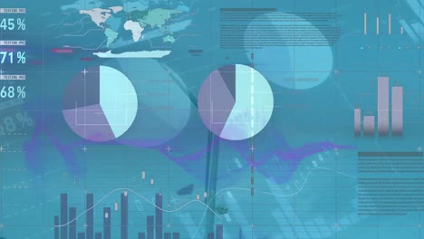 animation of infographic interface with multiple graphs and data over spinning windmill against sky