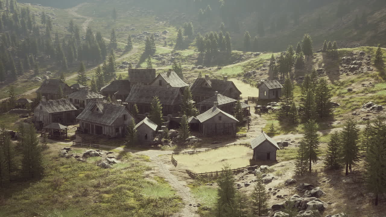 viejo pueblo de madera en el fondo de la montaña rocosa