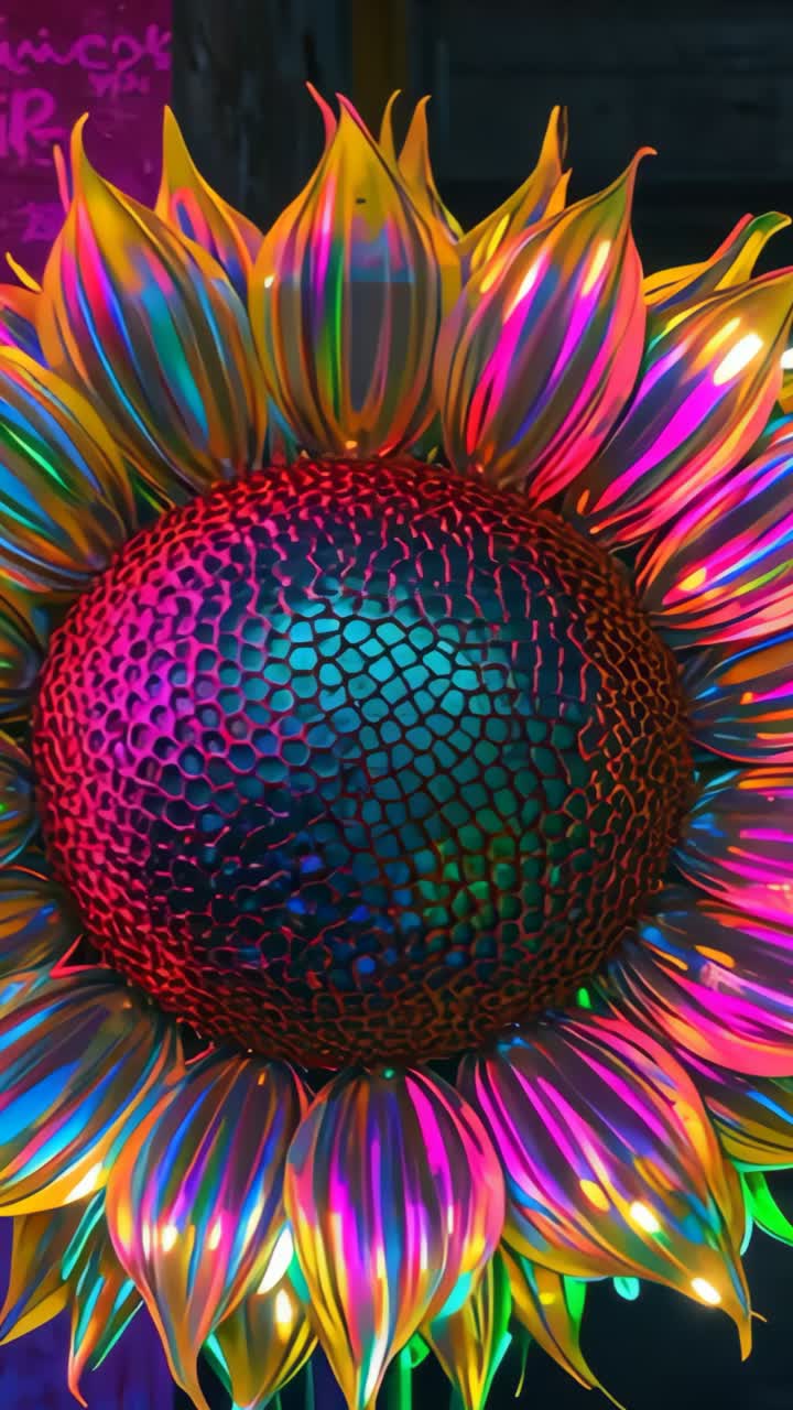 Video verticale: scultura rotante in metallo a forma di girasole in studio che mette in mostra sfumature iridescenti cangianti