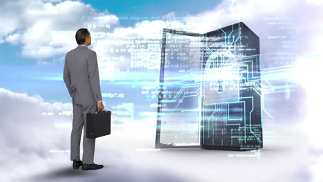 businessman looking at server tower on cloudy sky background