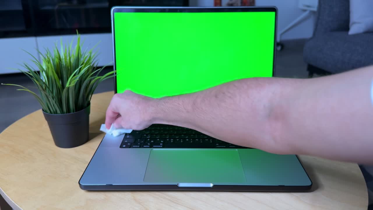 High-resolution 4K video of a person wiping a laptop trackpad with a visible green screen background—perfect for tech mockups, tutorials, and cleanliness themes.