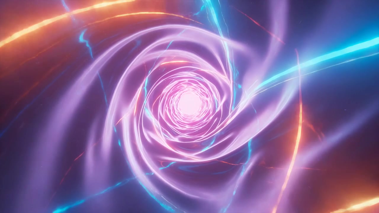Rotating spiral drawing as camera moving into neon vortex showing pink core and cyan or orange strea