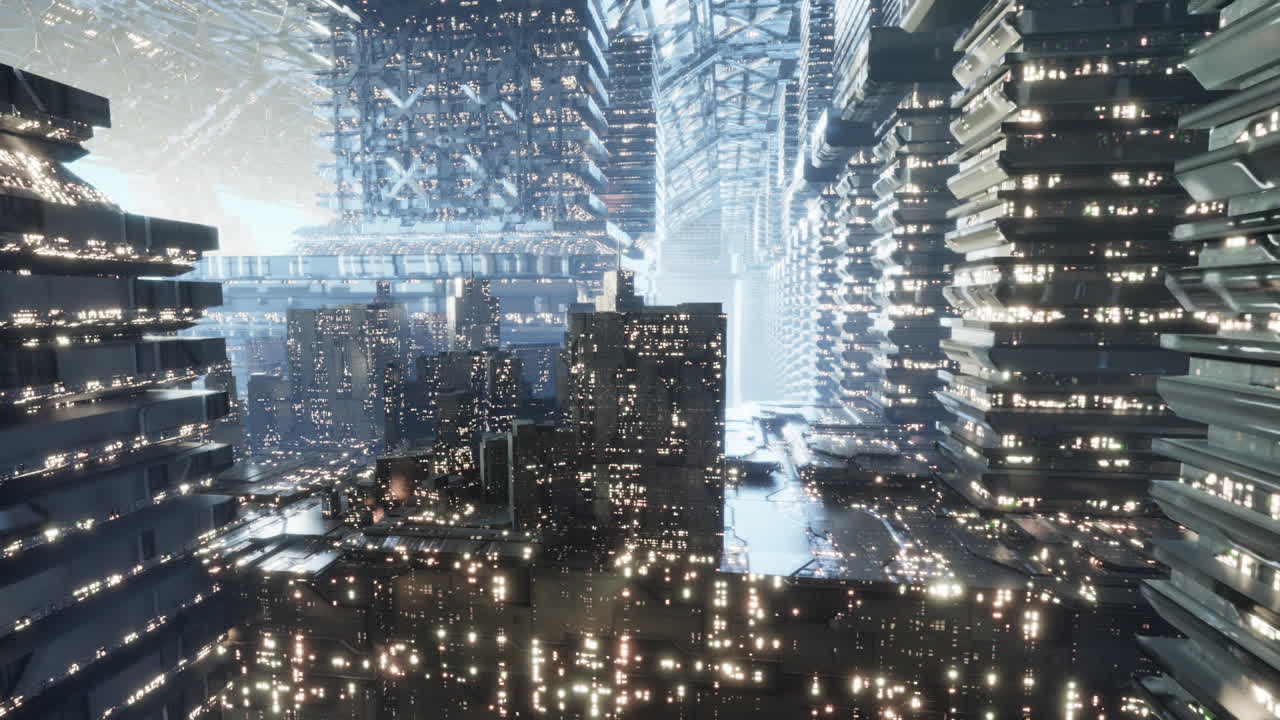 Futuristic city soaring in the sky with shimmering buildings and lights