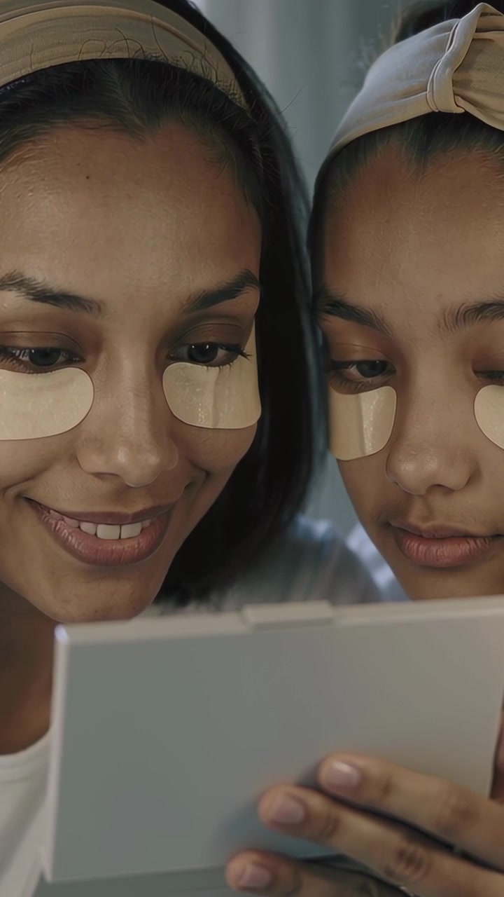 Vertical video: Holding mirror duo adjusting eye patches with headbands and checking fit at home