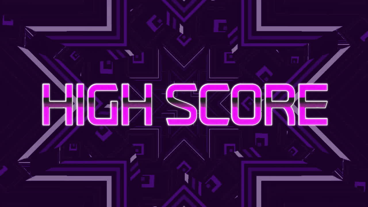 Animation of high score text over purple shapes on black background