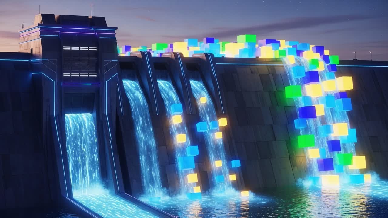 A Captivating Visual Display of Dynamic Waterfalls Illuminated by Colorful Cubes at Dusk, Showcasing the Fusion of Nature and Technology in a Stunning Digital Environment