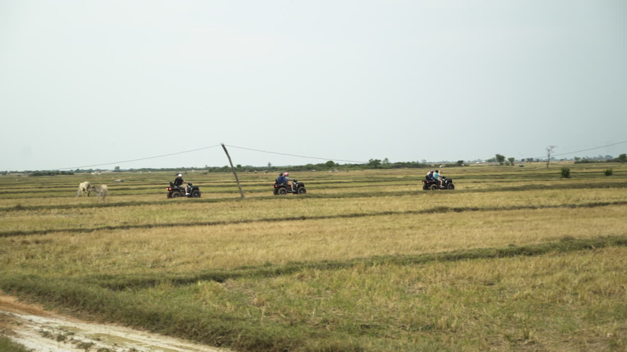 농장 을 가로질러 atv 를 운전 하는 사람 들