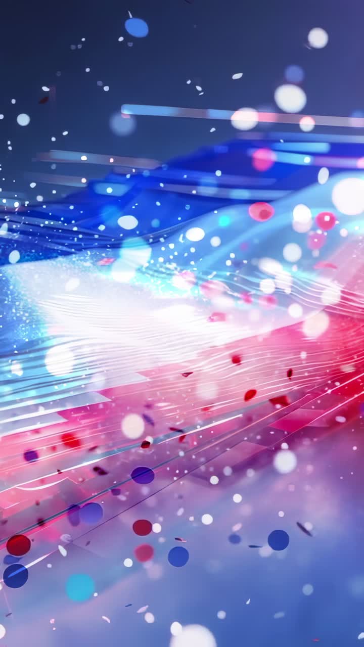 Vertical video: Starting abstract animation showing confetti and pulsing light ribbons on screen