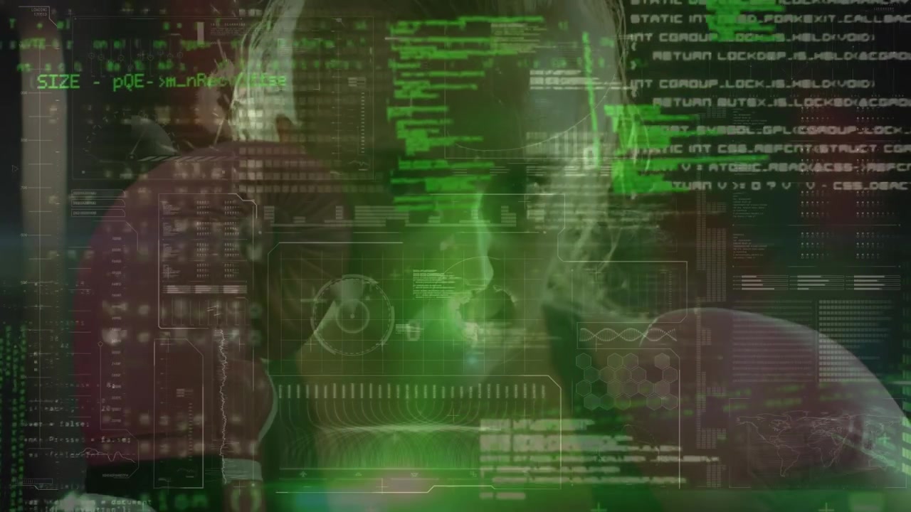 Animation of data processing over caucasian woman boxing