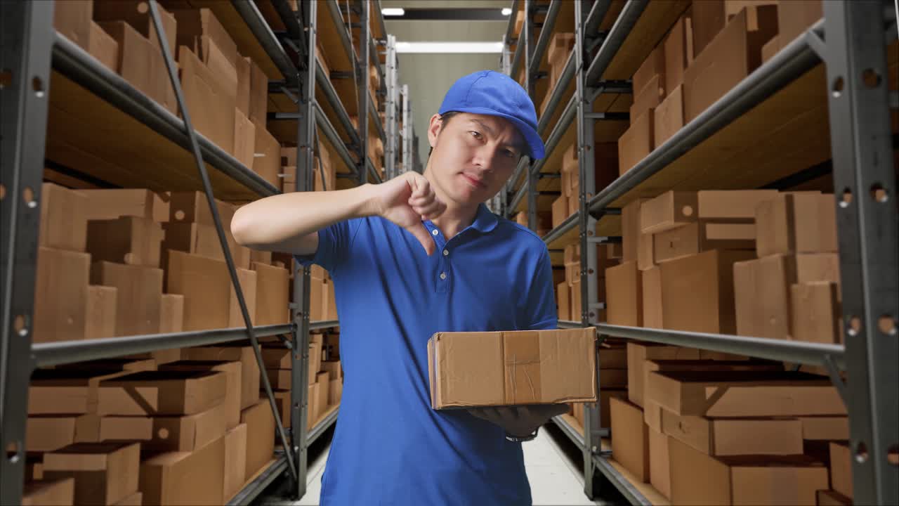 mensajero masculino asiático insatisfecho en uniforme azul mostrando el pulgar hacia abajo mientras entrega una caja en el almacén