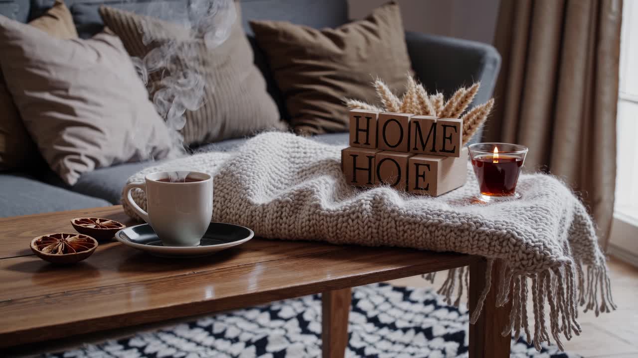 Warm and inviting Scandinavian living room with burning candles, knitted plaid, and wooden HOME decoration, creating a cozy and relaxing atmosphere