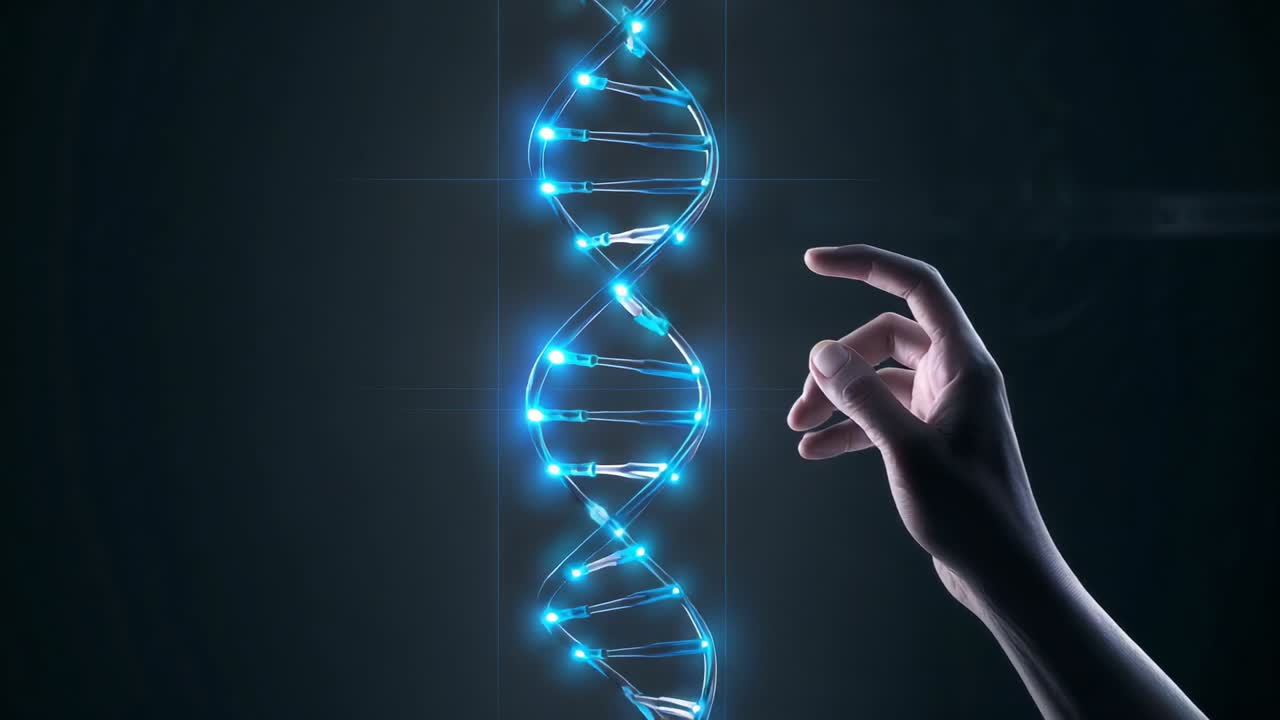 Approaching right gloved hand contacting and tracking down helix in dark lab, probing pulsing nodes