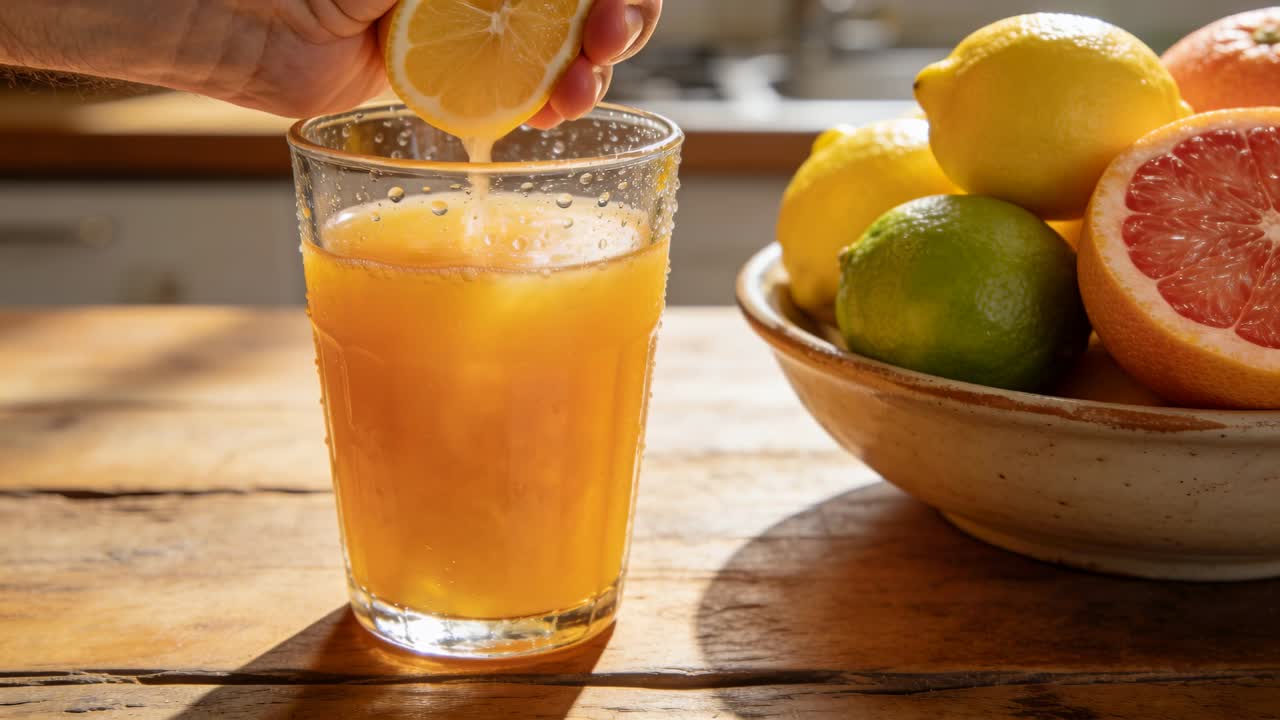Mano che spreme mezzo limone su un bicchiere su un tavolo di legno, guarnendo il succo con una ciotola di agrumi.