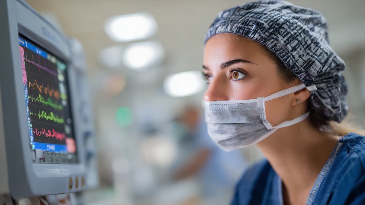 Professionista sanitario concentrato che analizza i parametri vitali su un monitor con concentrazione e determinazione in un ambiente clinico