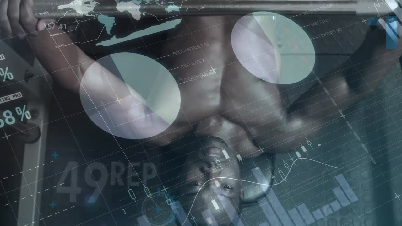 체육관 장비로 운동하는 강한 남자에 대한 데이터 처리 애니메이션