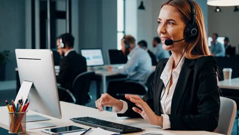 happy customer service representative in modern office