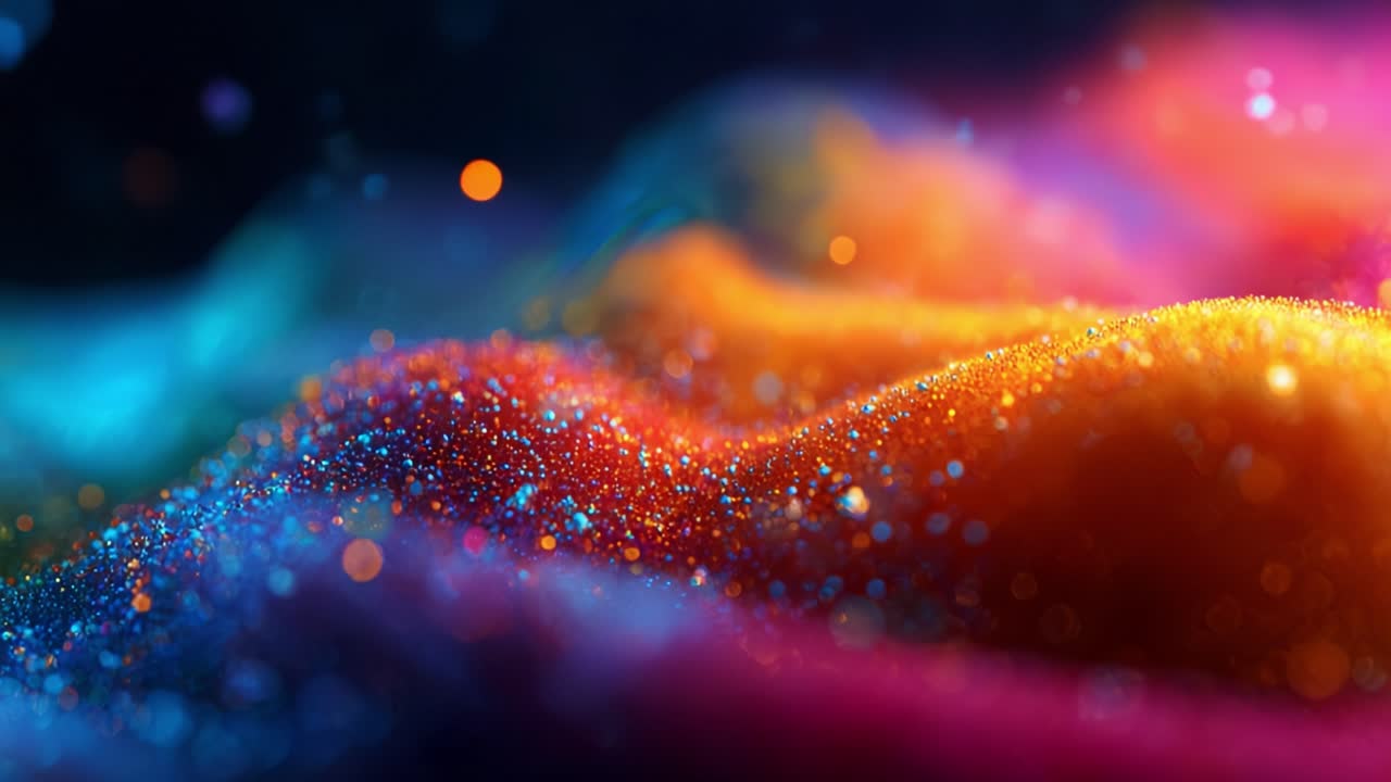 A Mesmerizing Close-Up of Vibrant Colors and Sparkling Particles Merging in a Dreamlike Wave Formation, Capturing the Essence of Abstract Art and Energy Flow in Fluid Dynamics