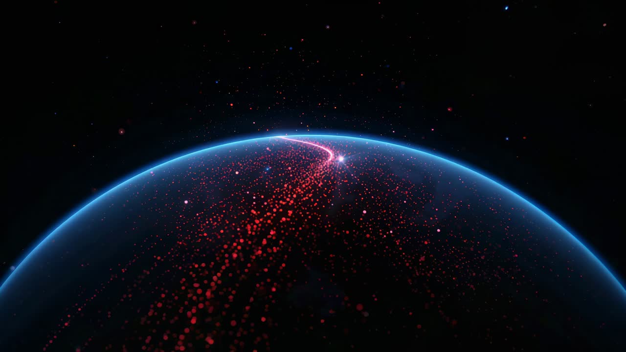 Streaming red particle trail moving forward from flaring bright node over planetary limb, blue rim