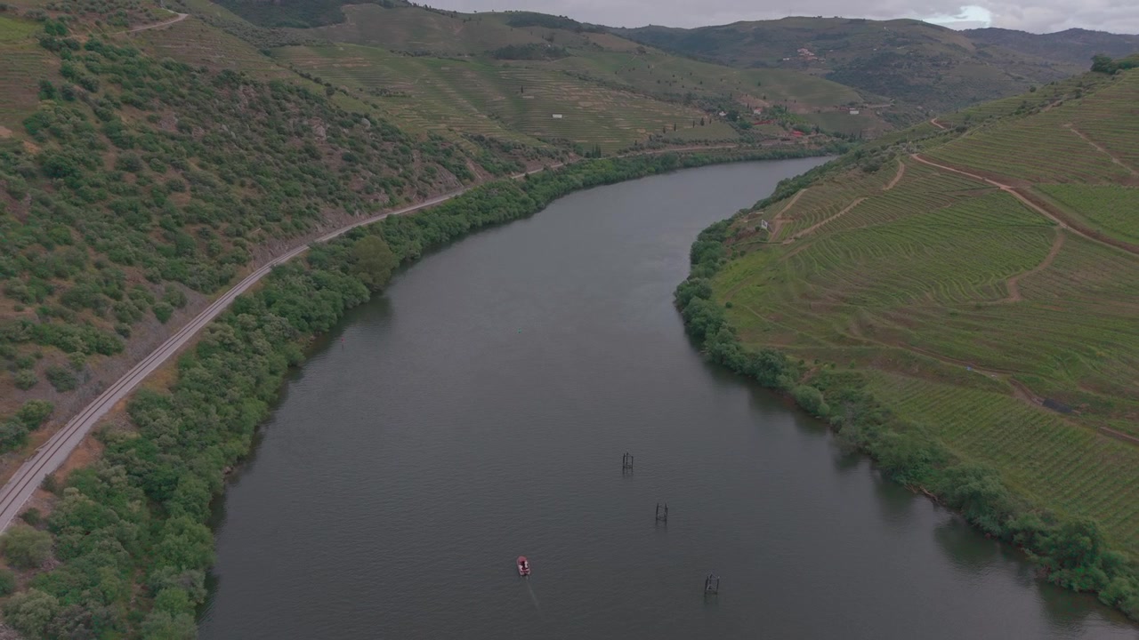 Il fiume Douro si snoda tra colline boscose e vigneti a terrazze con boe galleggianti sull'acqua grigia.