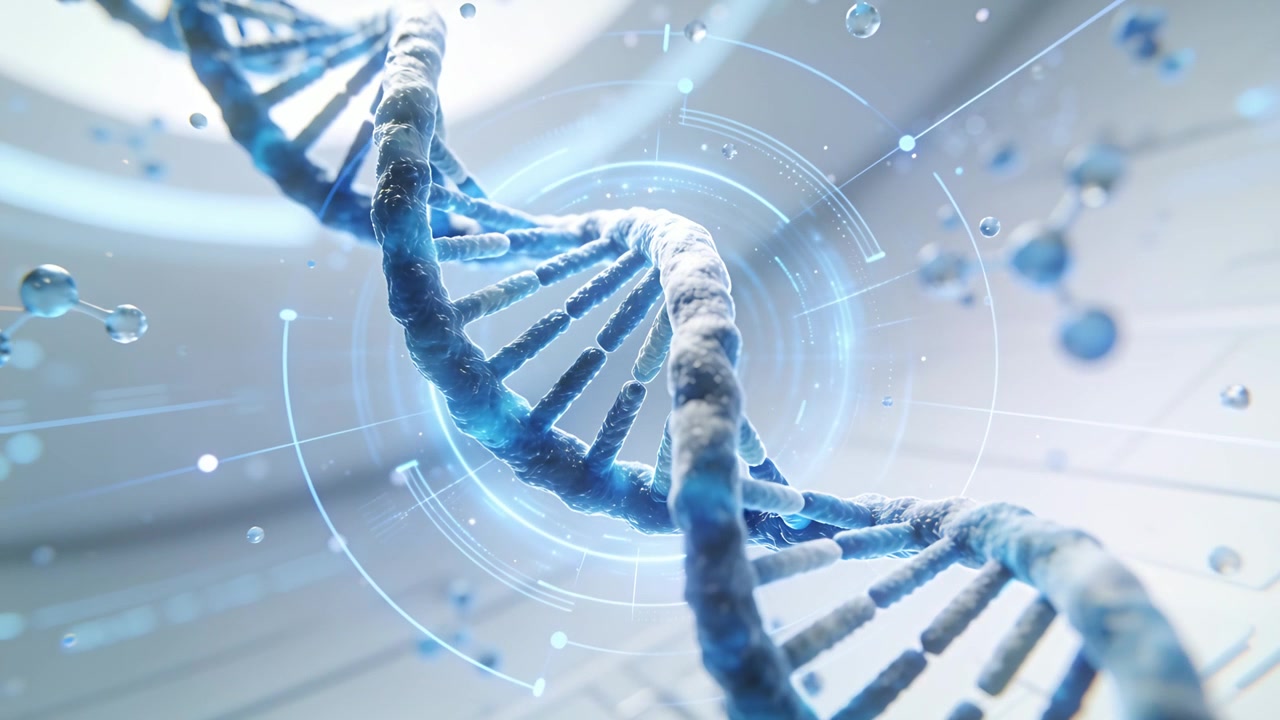 Elica di DNA blu che ruota mostrando i pioli, mentre la telecamera si avvicina a un display di laboratorio, anelli HUD e molecole.