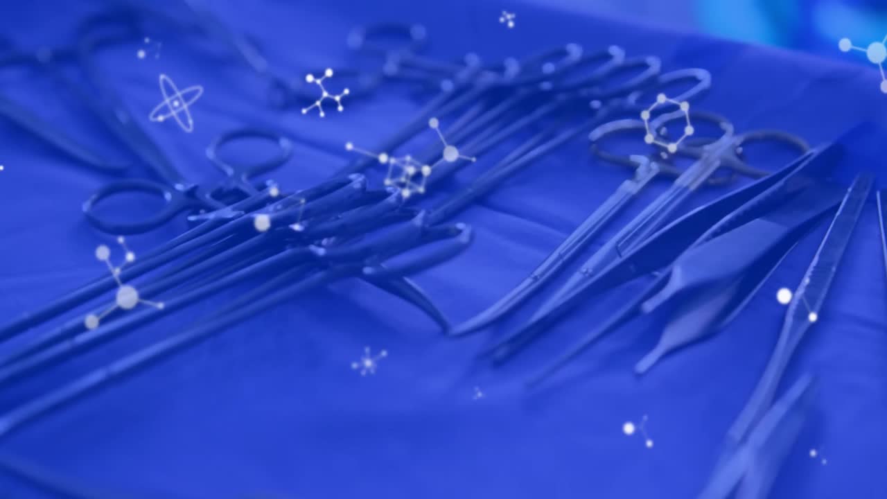 회전하는 지구와 분자 구조의 애니메이션은 의료 도구의 근접 촬영에 대해