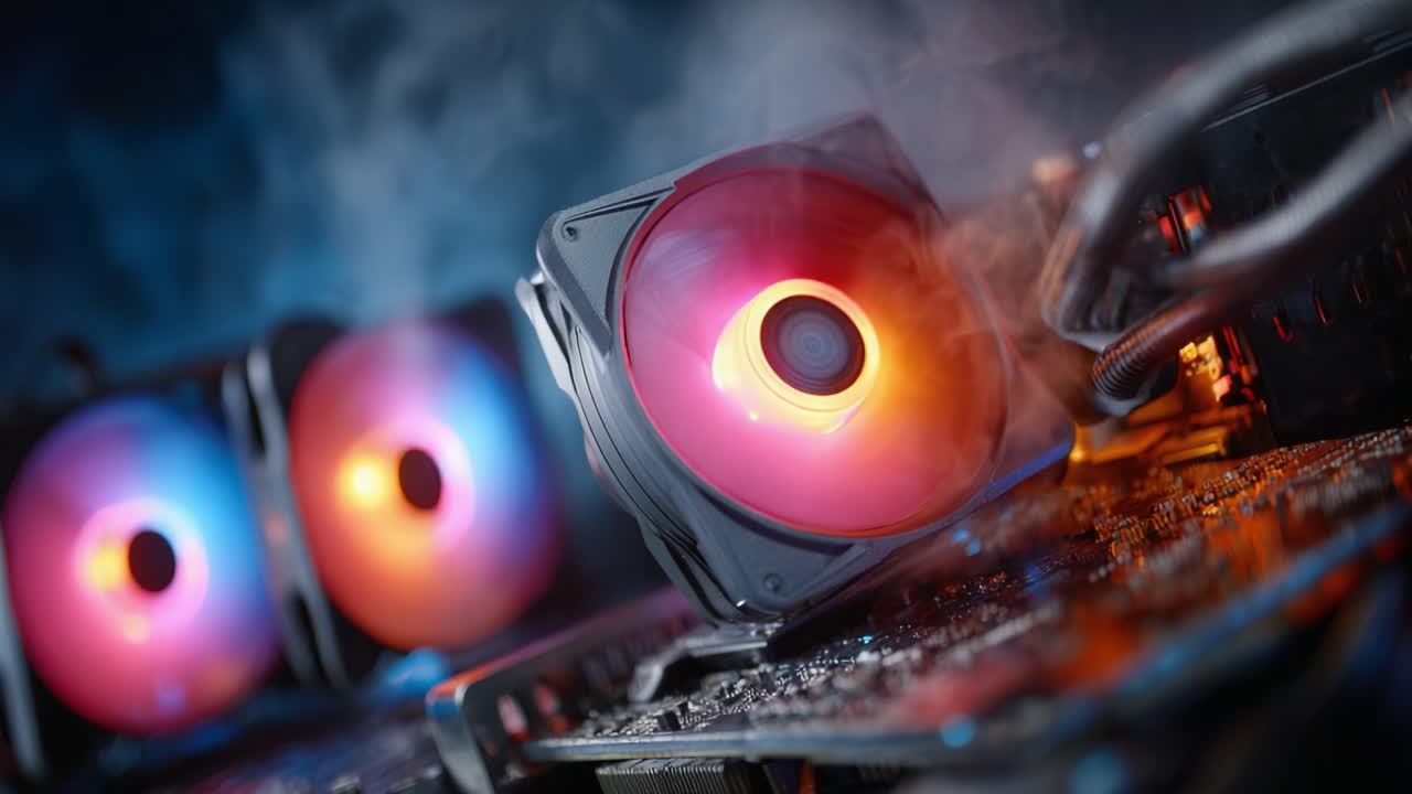 Dynamic RGB Cooling: A Close-Up View of Advanced Computer Cooling Fans Illuminated with Vibrant Colors on a Circuit Board Enhancing Performance and Aesthetics