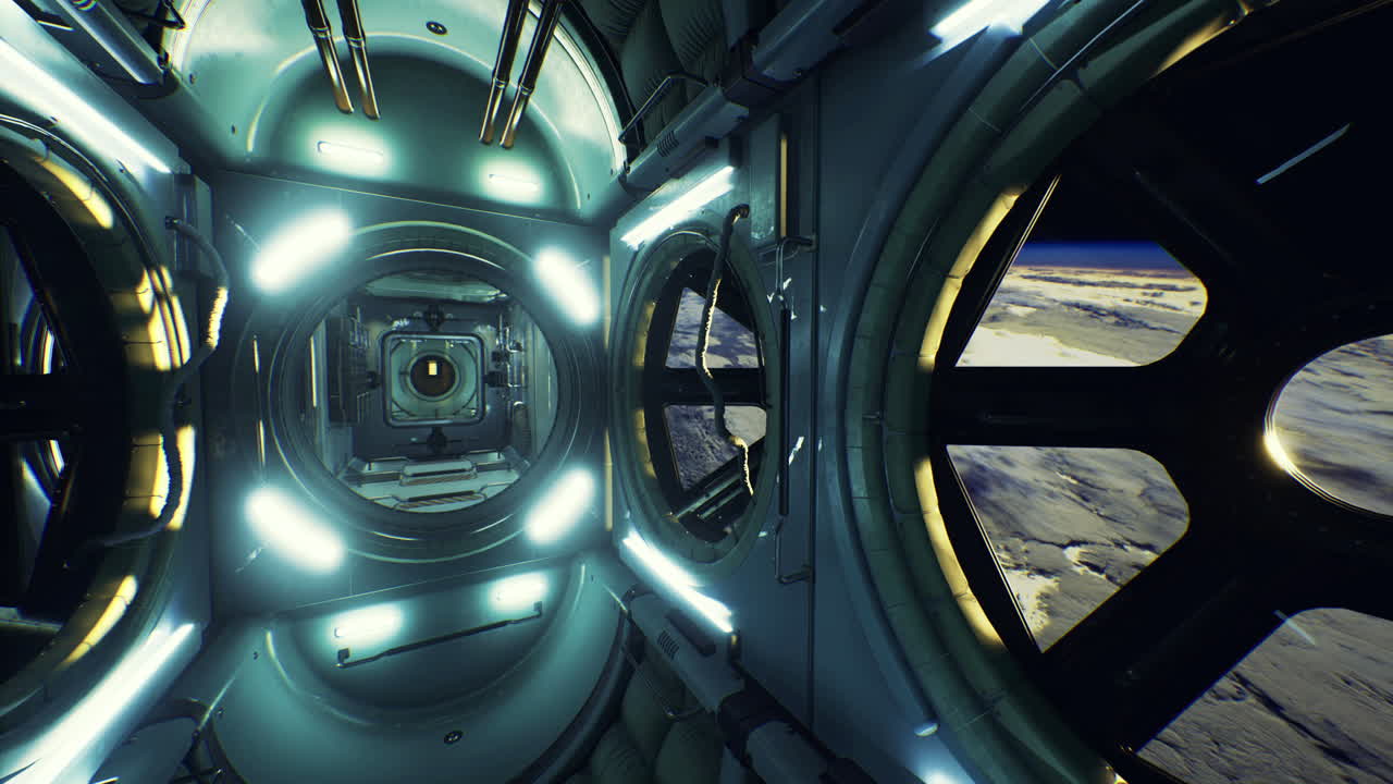 Exploring the interior of a futuristic space station with earth in view
