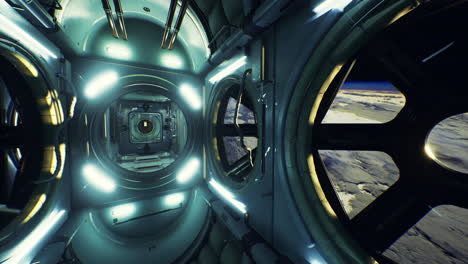 exploring the interior of a futuristic space station with earth in view