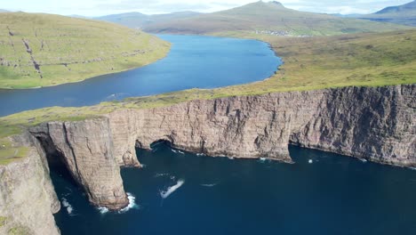 lago sorvagsvatn por encima del océano atlántico, acantilado ilusión óptica