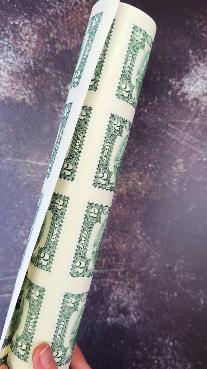 Rolled sheet of real two dollar bills in hand. Financial souvenir. Close up of a hand holding a vertical roll of uncut United States currency.