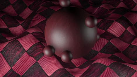 renderizado 3d abstracto de una esfera de madera sobre un fondo de madera roja a cuadros