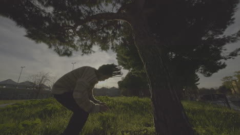 man climbing tree