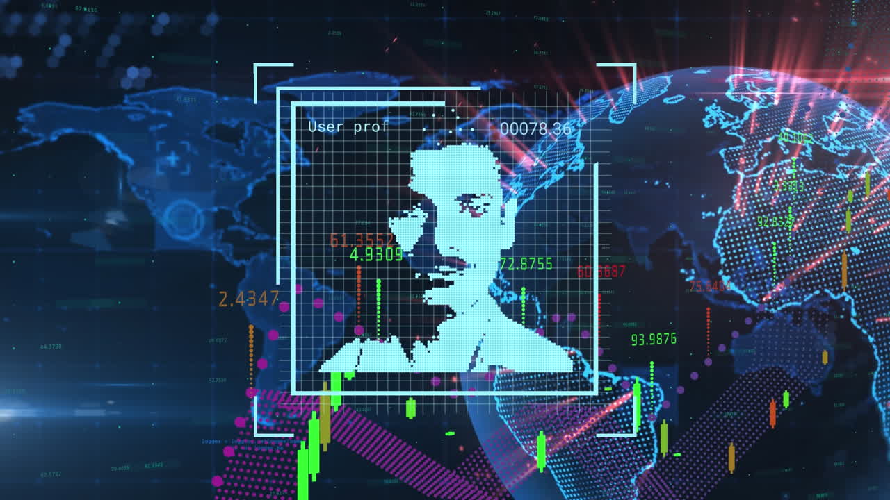 animación de múltiples iconos de perfiles cambiantes y procesamiento de datos financieros sobre un globo giratorio