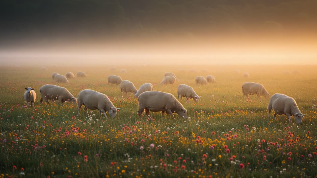 A Serene Morning in the Meadow: Sheep Grazing Amidst a Colorful Floral Landscape Blanketed by Soft Fog and Gentle Light