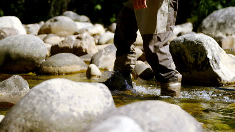 fly fisherman walking in river on a sunny day