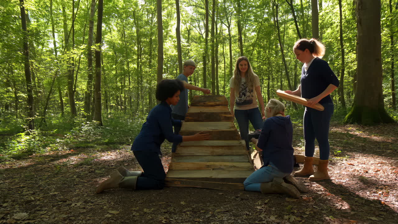 A group of people collaboratively building a wooden structure in a sunlit forest