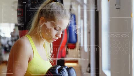 Animation-of-data-processing-over-caucasian-woman-at-gym