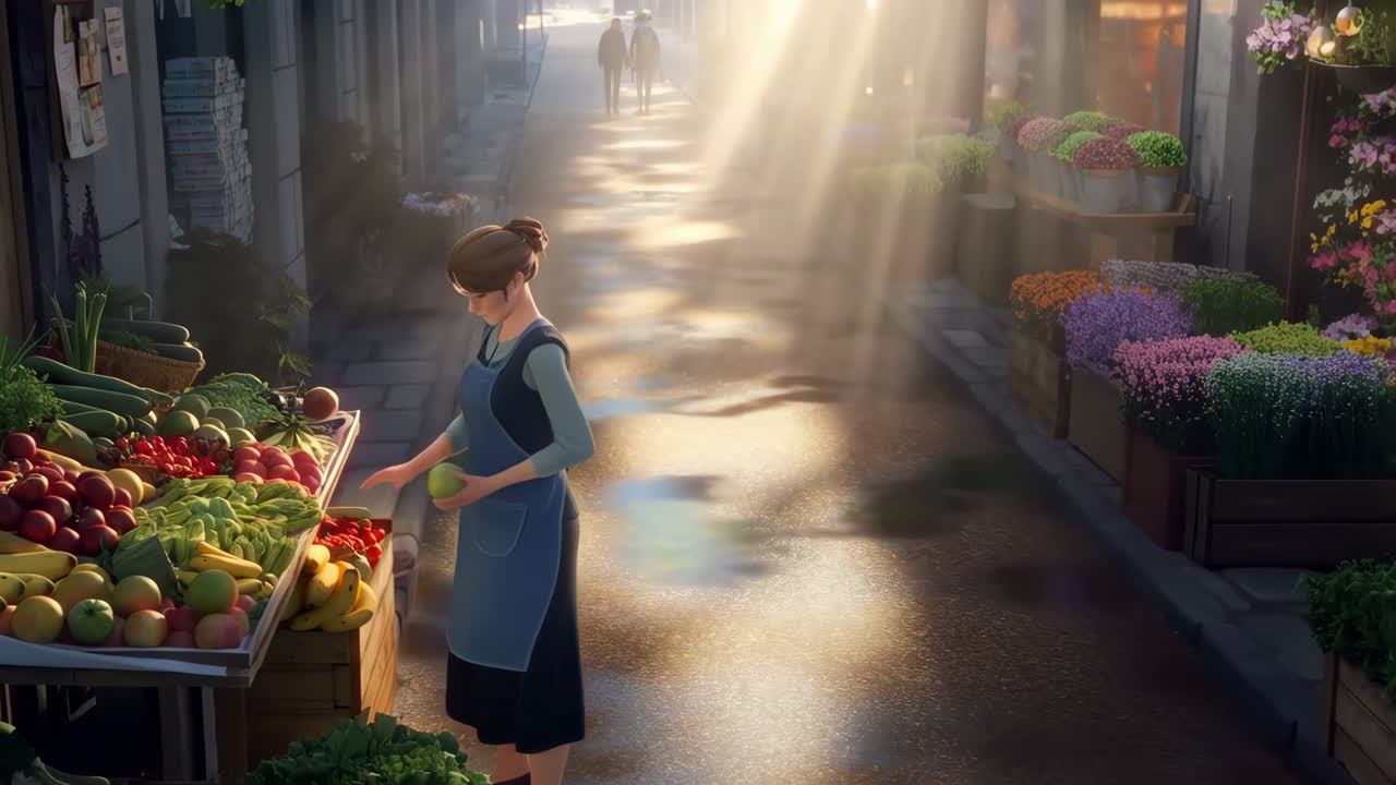 A woman selling fresh produce and flowers at a vibrant outdoor market bathed in sunlight