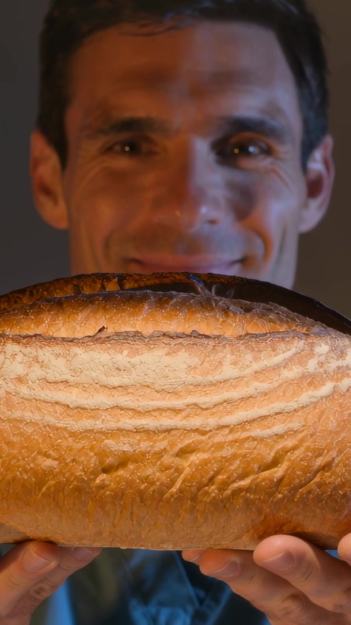 Vertical video: Approaching camera man in teal top presenting and centering loaf in kitchen rack