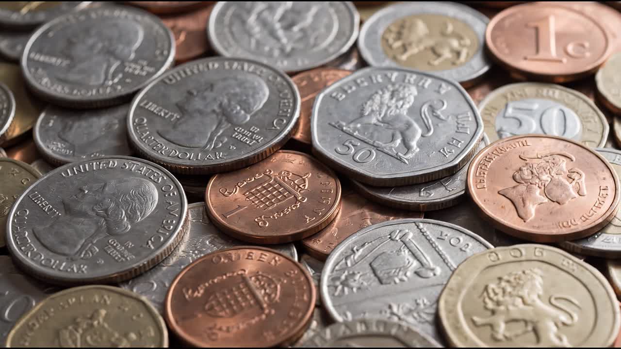Primer plano de monedas variadas esparcidas por una superficie, representando la moneda global.