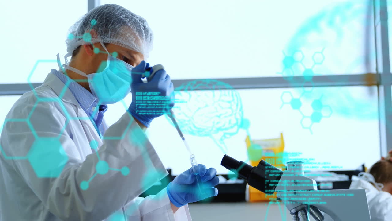 animación del procesamiento de datos científicos sobre un científico caucásico en el laboratorio.