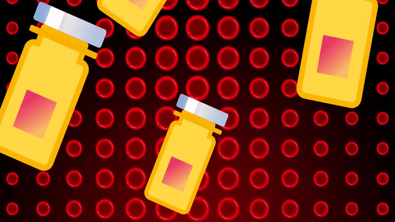 Animation of yellow pills over red cells on black background