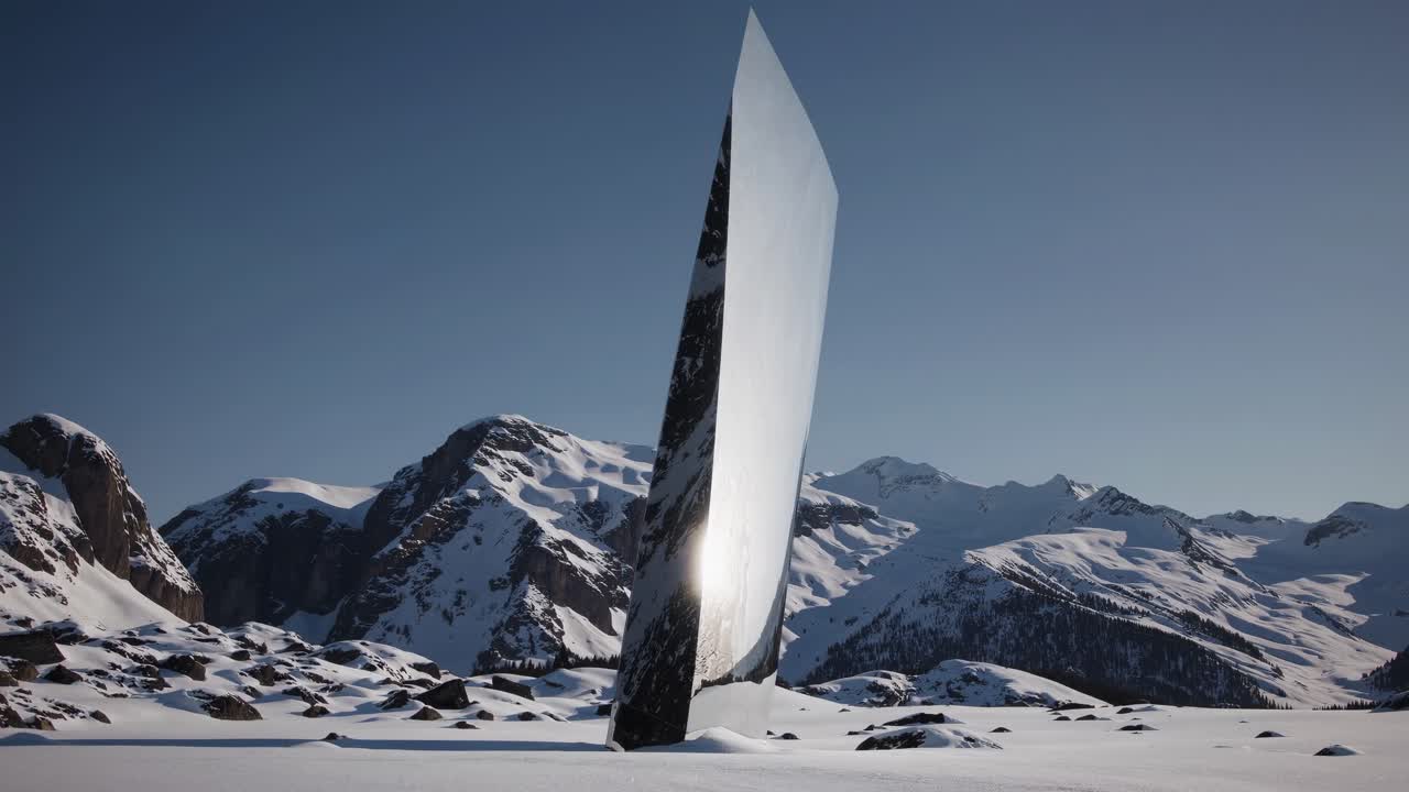 A surreal video concept with a monolithic mirror in snowy mountains