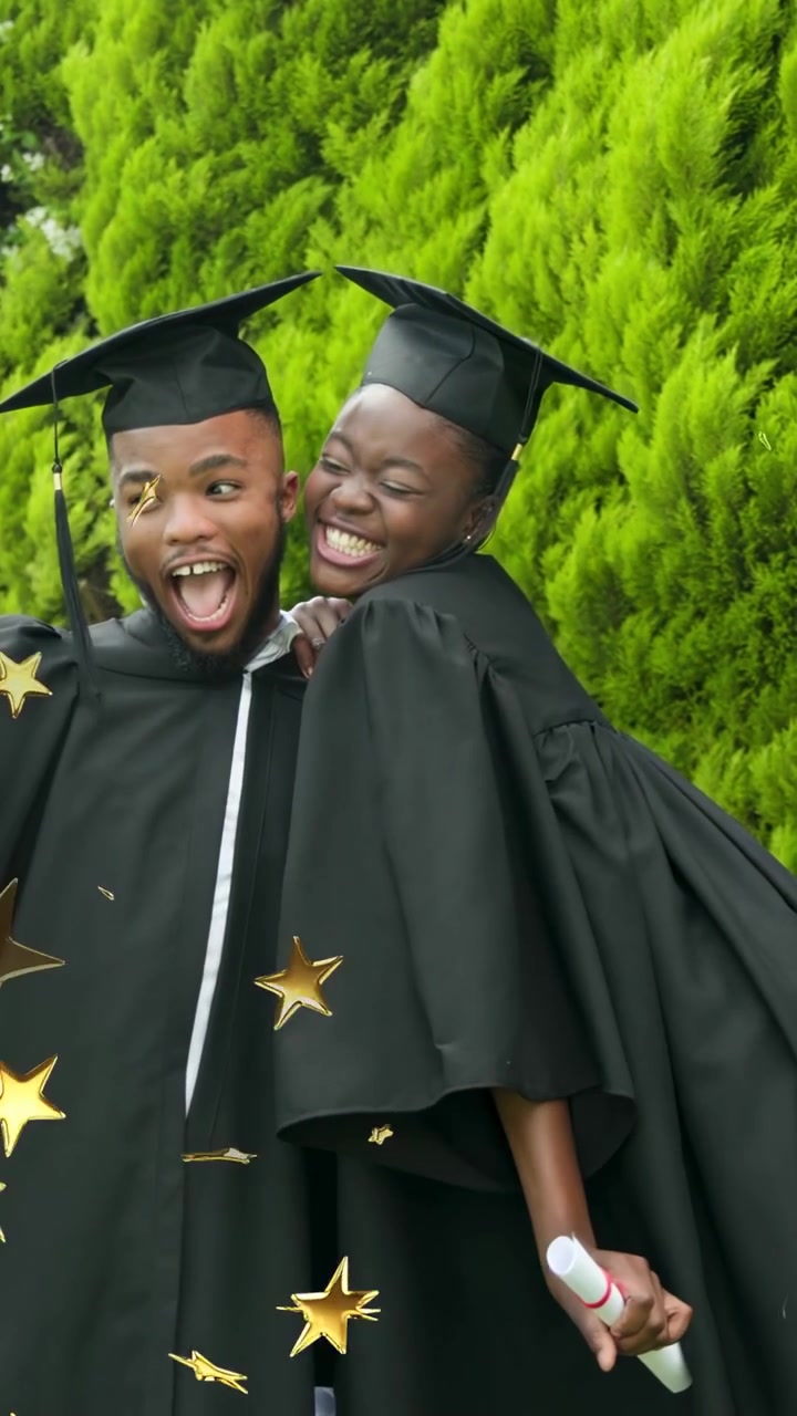 Vertical video: Male showing phone, joining friend, grads celebrating with diplomas, stars rising