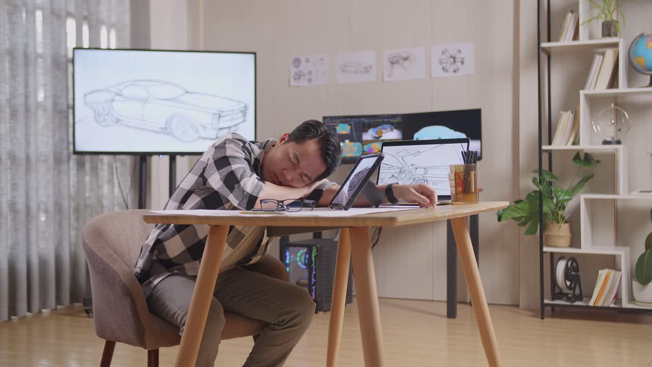 Vista lateral de un hombre asiático durmiendo mientras dibuja un nuevo concepto de diseño de coche en una tableta en el estudio con televisores y ordenadores que muestran un modelo 3D de coche eléctrico.