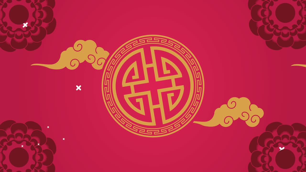 feliz año nuevo chino con sello dorado y decoración floral