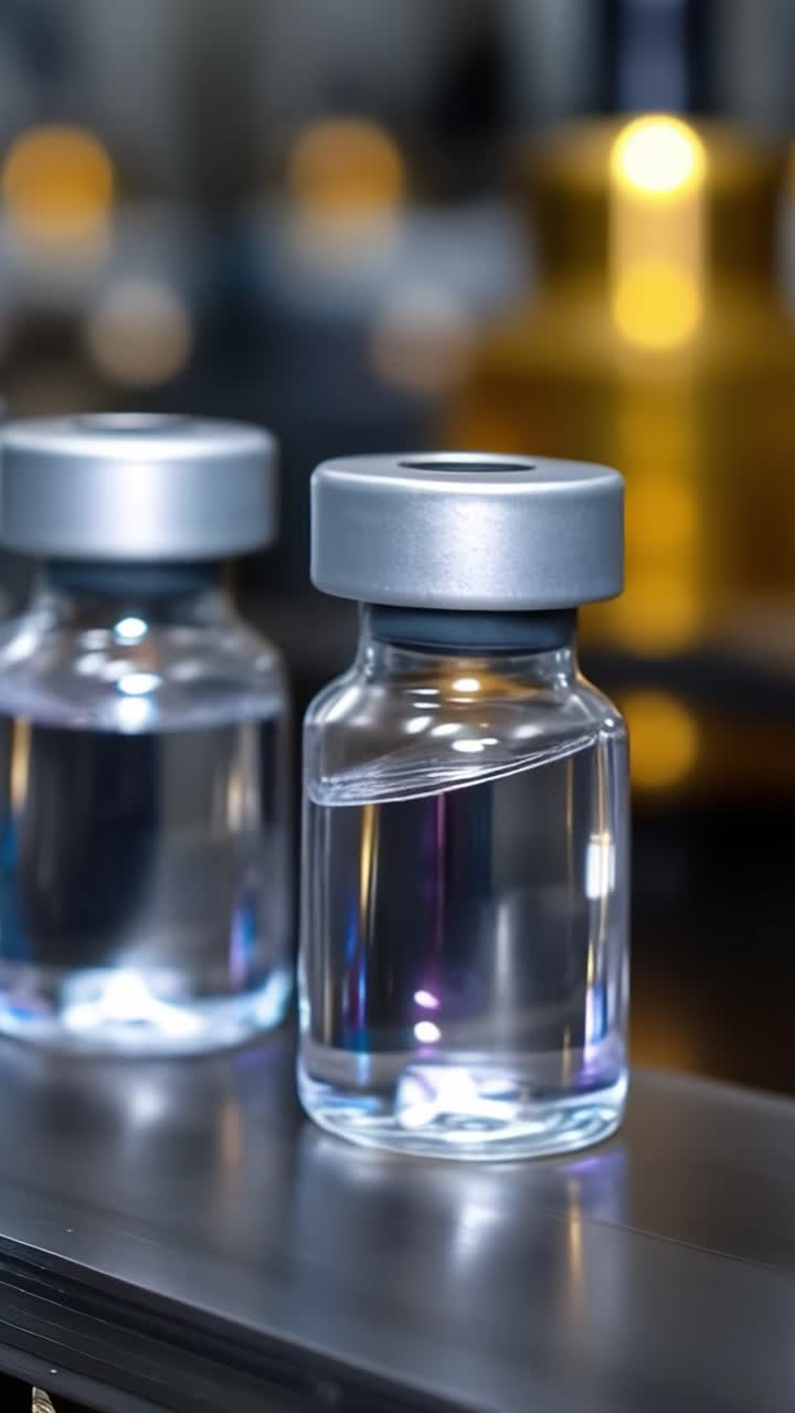Close-up of Glass Vials with Clear Liquid on Production Line Showcasing Modern Pharmaceutical Manufacturing Process in a Clean Laboratory Environment