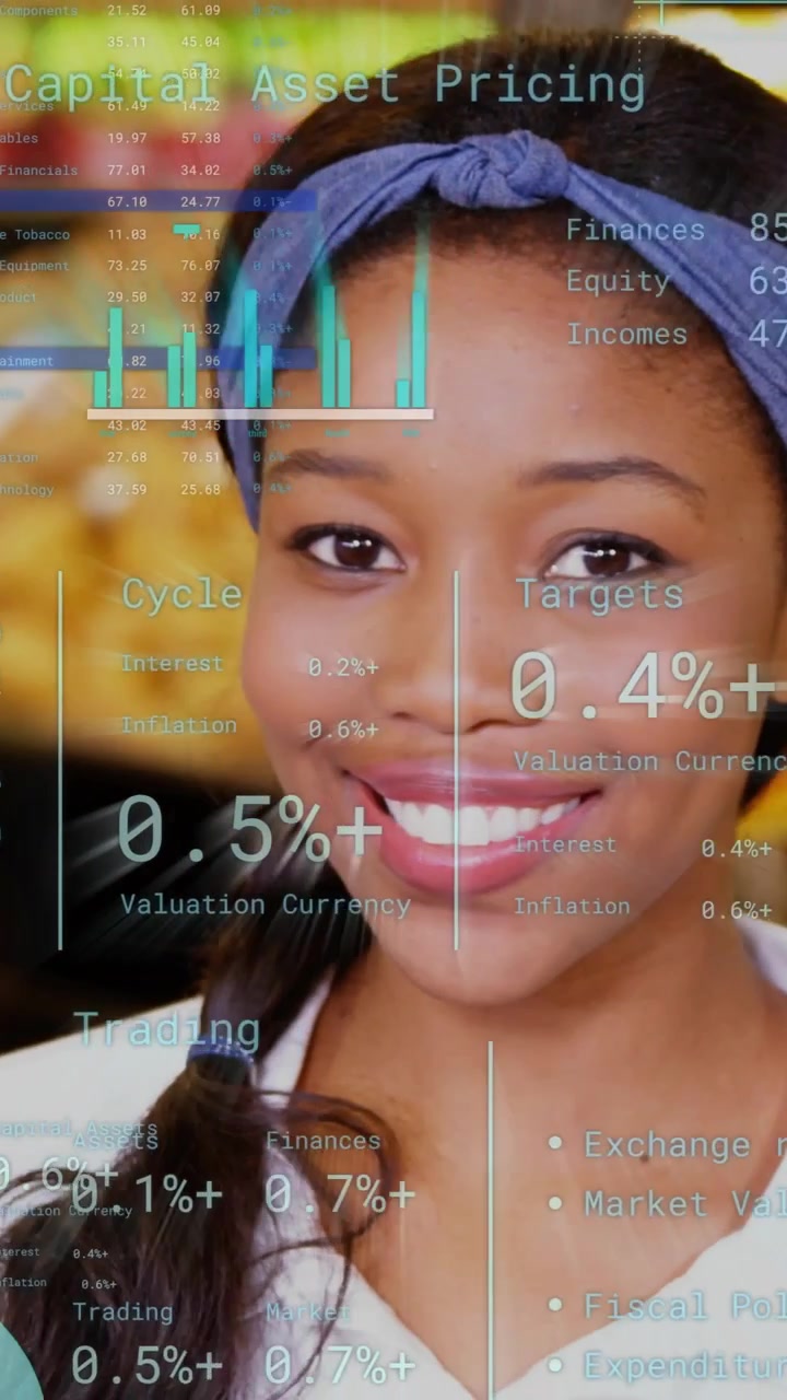 Vertical video: Barista reading clipboard, activating finance HUD across face, pricing and smiling