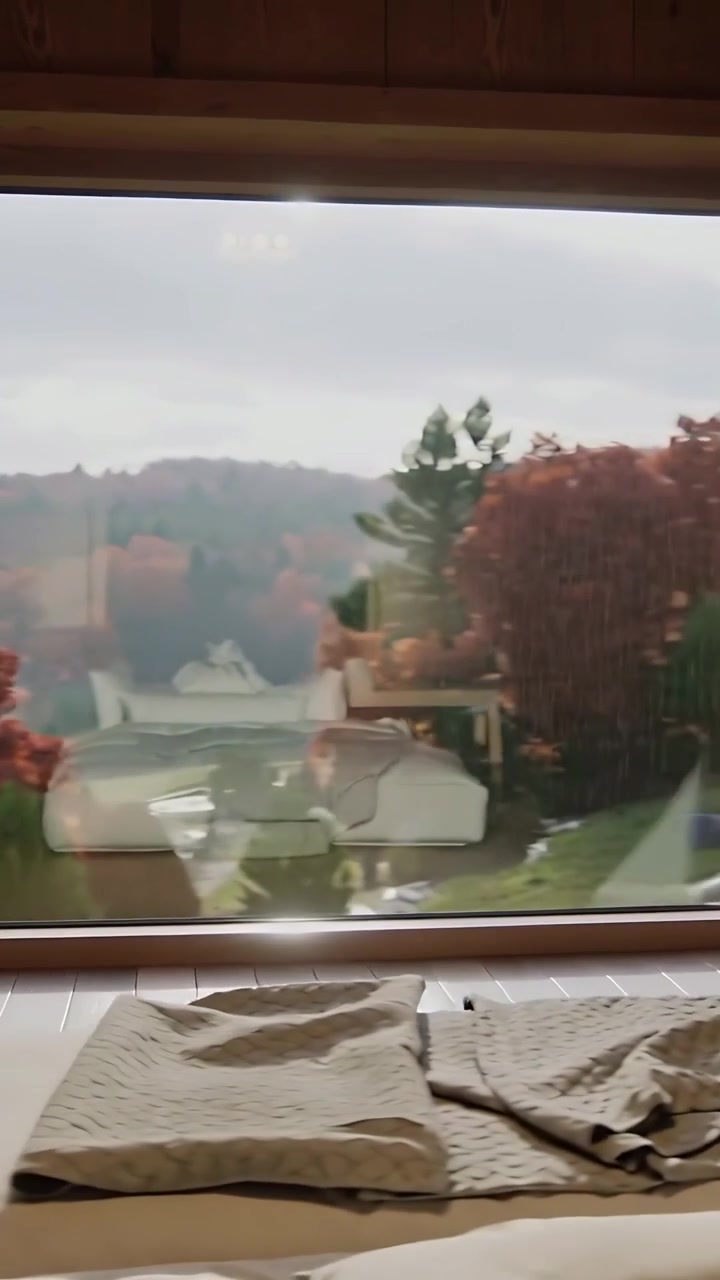 Vertical video: Panning camera following breeze pulling curtain across cabin bedroom window, bed